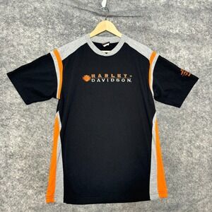 Harley Davidson T Shirt Mens M Black Orange Striped Biker Embroidered Dubuque IA